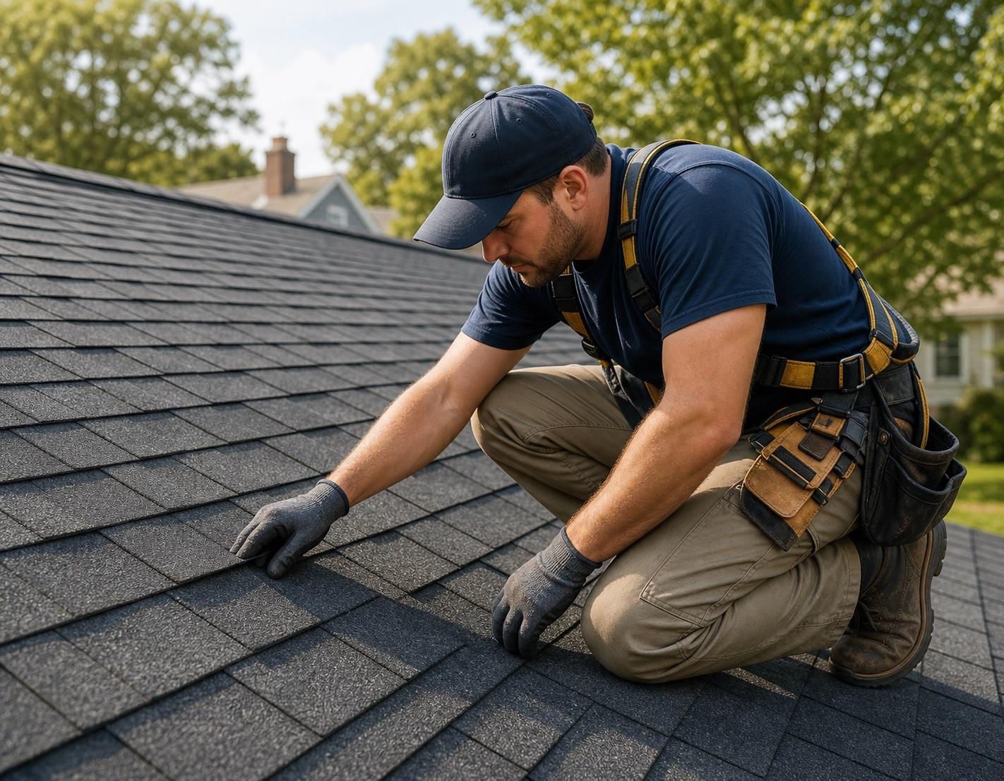 A roofing professional inspecting asphalt shingles