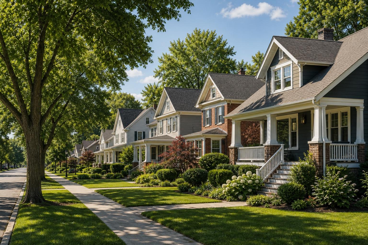 An established neighborhood with a variety of well-maintained residential roofs